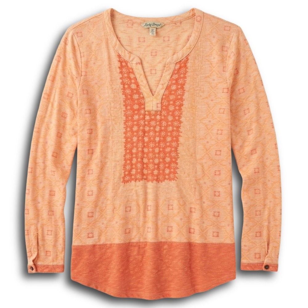 Lucky Brand Womens Orange Geometric Print Split Neck Long Sleeve Top Size XS